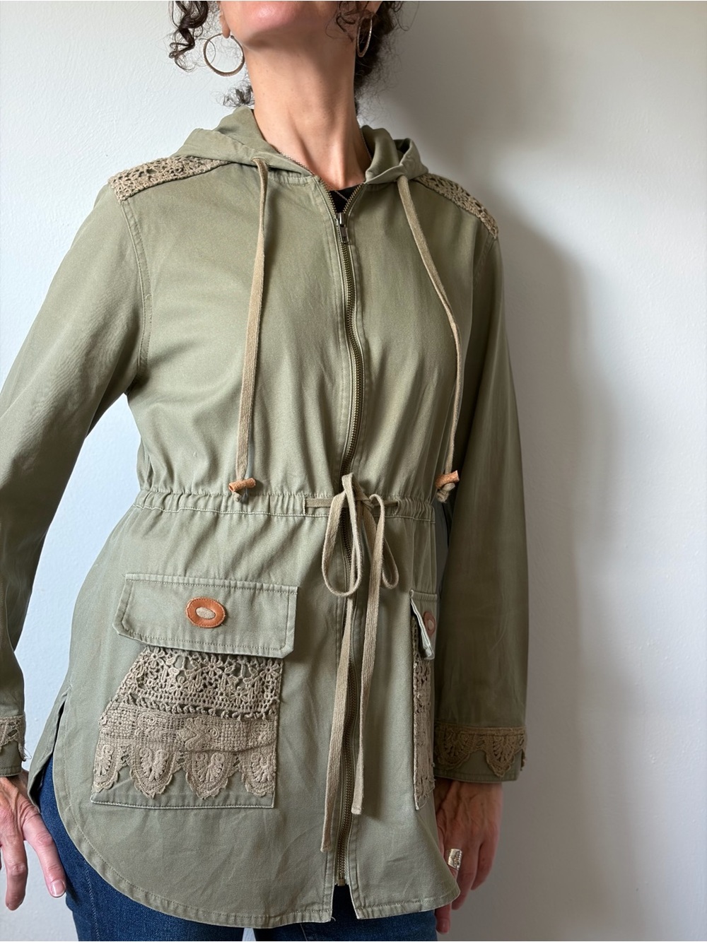 Sundance Olive Green Hooded Drawstring Jacket with Crochet Trim